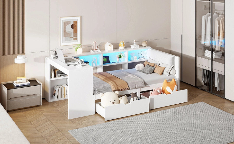 Letto a piattaforma in legno 90x200 cm con cassetti, spazio portaoggetti, stazione di ricarica e testiera imbottita, bianco con luci LED colorate