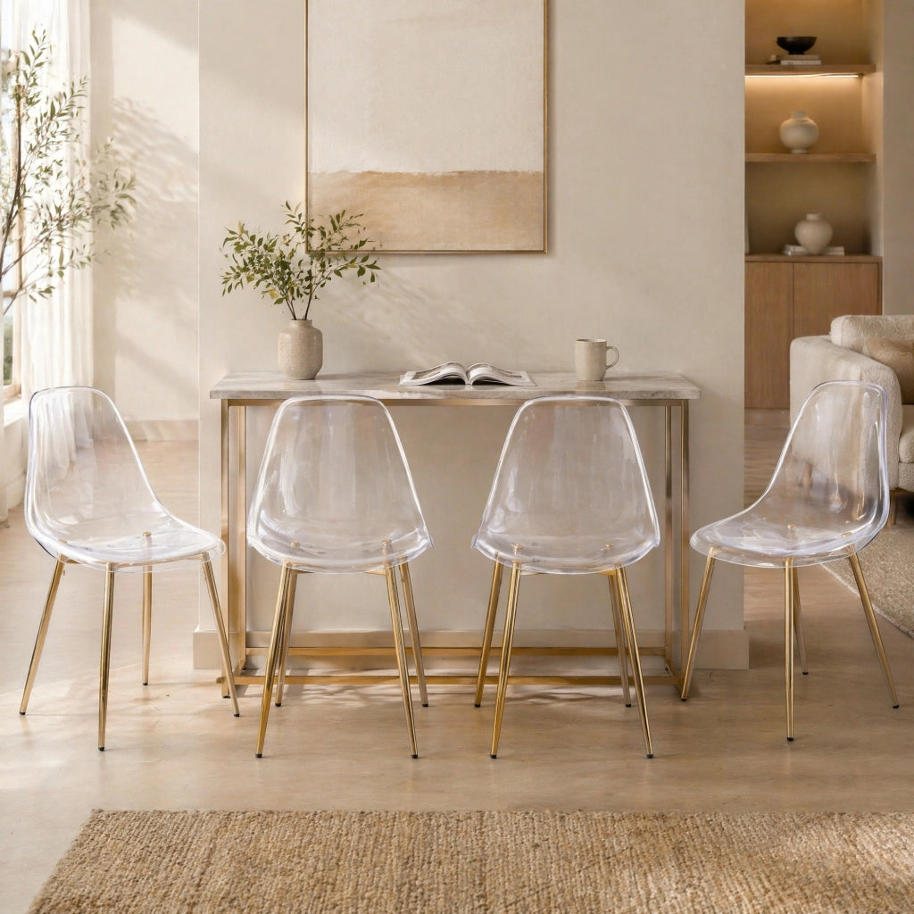 Sedia moderna trasparente con gambe dorate, in ABS e metallo, facile da montare
