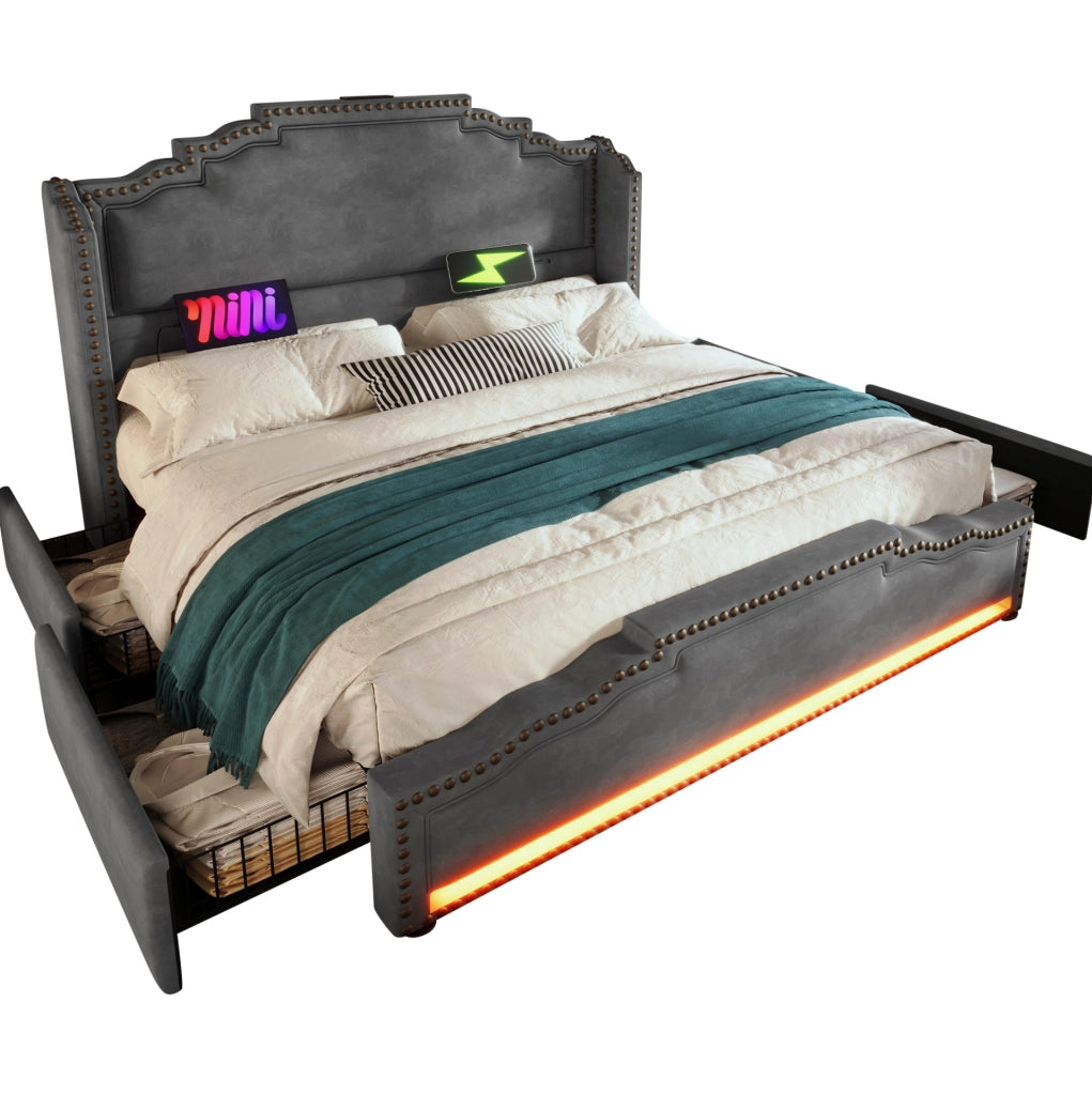 Letto matrimoniale con LED, USB-C e 4 cassetti