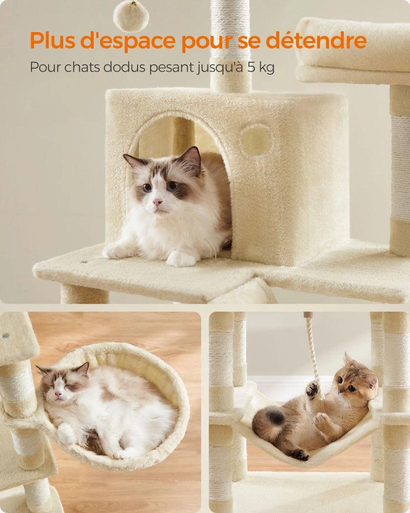 Albero per gatti grande torre gioco altezza 168 cm con 13 tiragraffi 1 tavoletta graffiante 2 piattaforme 2 nicchie cesta amaca pon pon tessuto peluche multilivello beige 12_0003841
