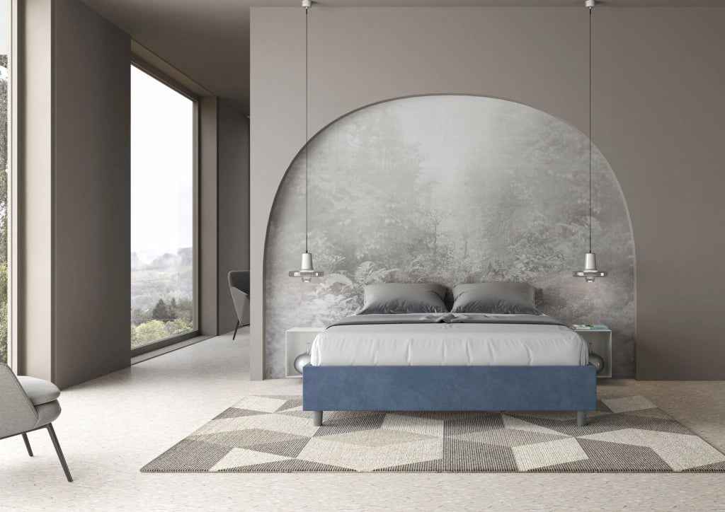BS COM Letto queen size contenitore imbottito 150x200 microfibra blu