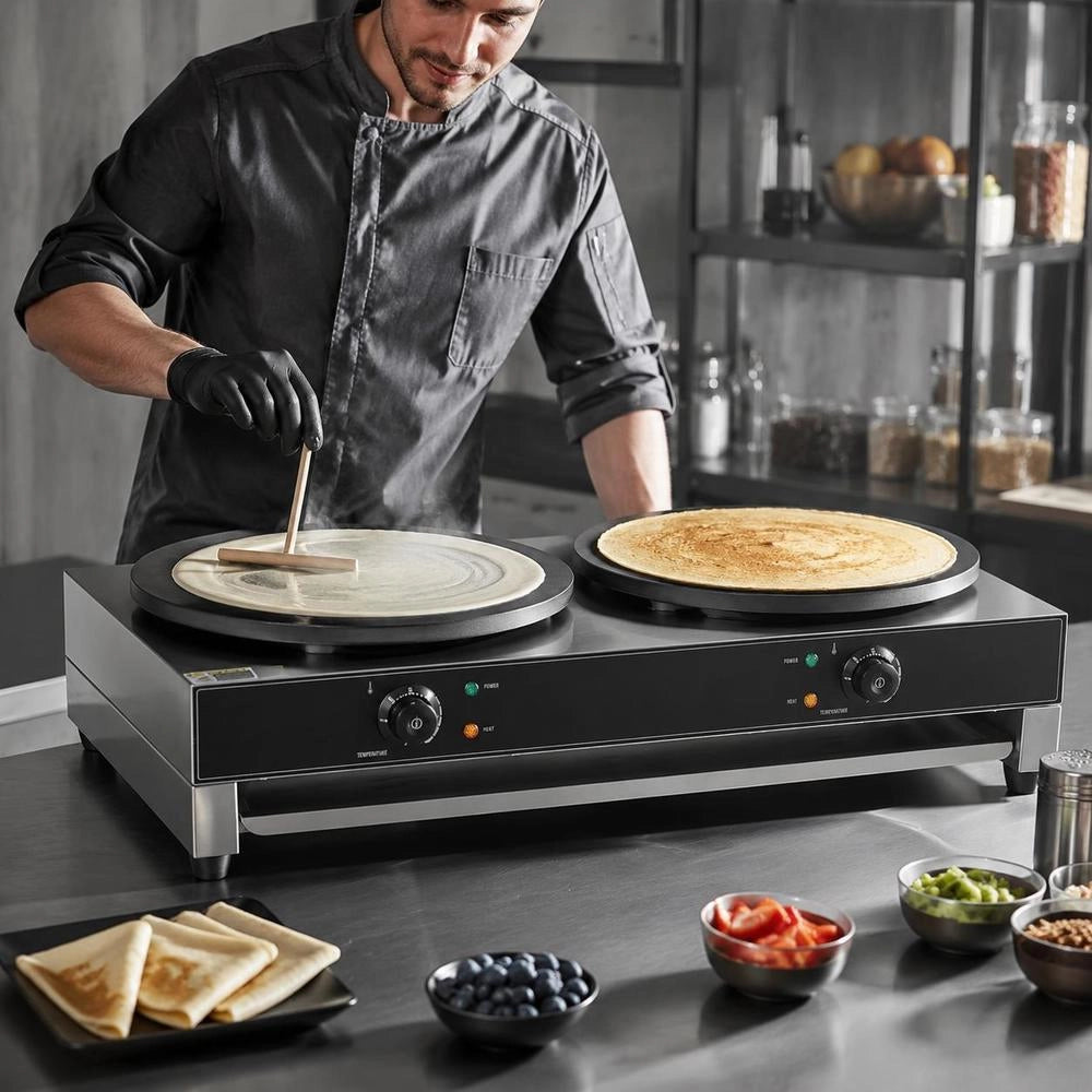 Electric Crepe Maker With Double Head, 6000 W Flat Crepe Grill Plate, Stainless Steel Pancake Oven, Cereal Pancake Oven, Temperature Control (no Plug)