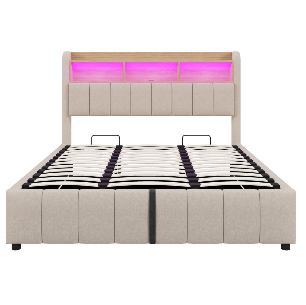 Letto imbottito 180x200 cm con LED; USB e Type-C; contenitore idraulico; beige in lino