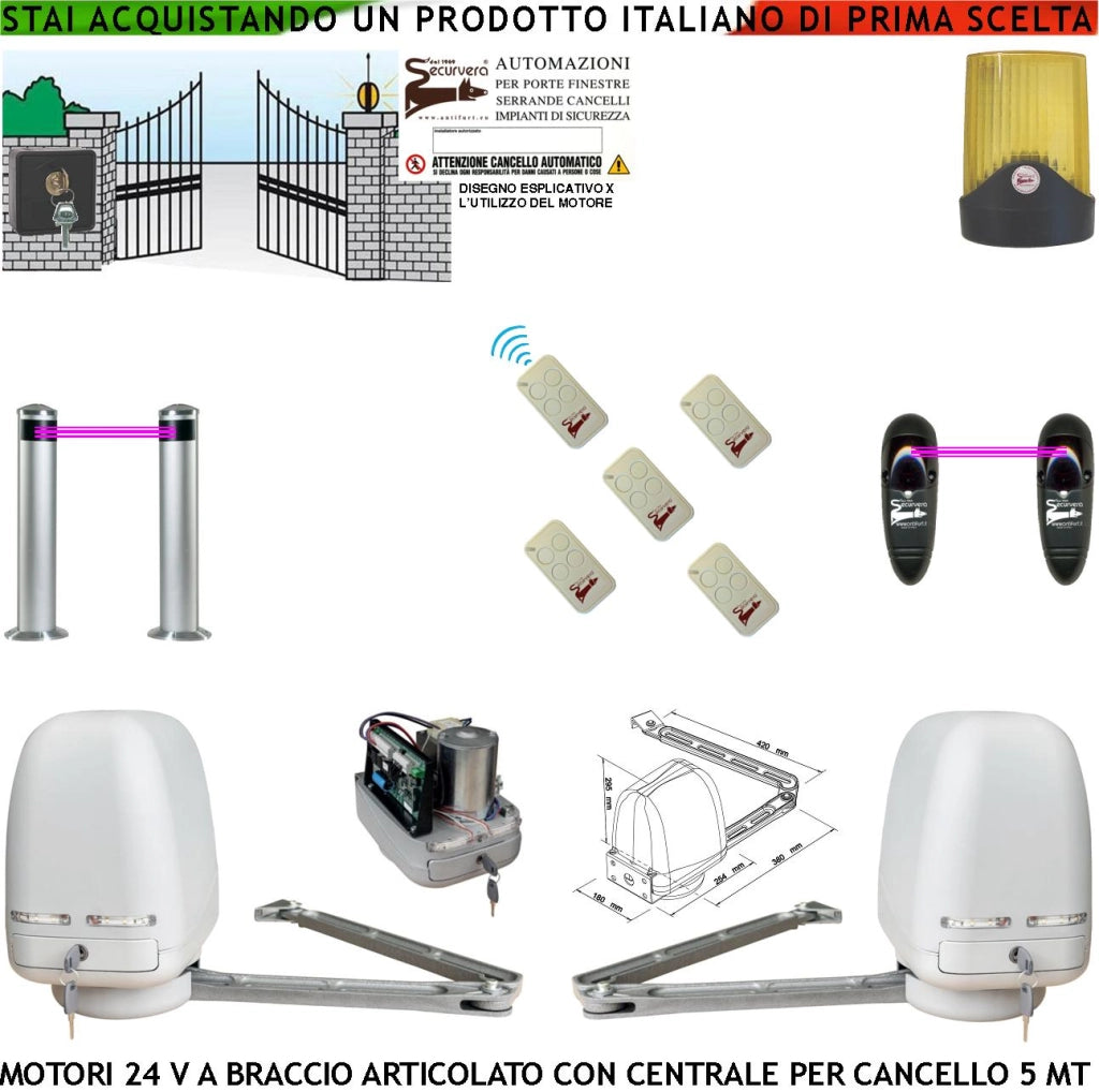 Automatismo Cancello Kit Motori Braccio Articolato 24 V 2 Ante da 0,5 a 2,5 MT Centrale 220/24 V Selettore Faro 2 Fotocellule 2 Paline 5 Radiocomandi