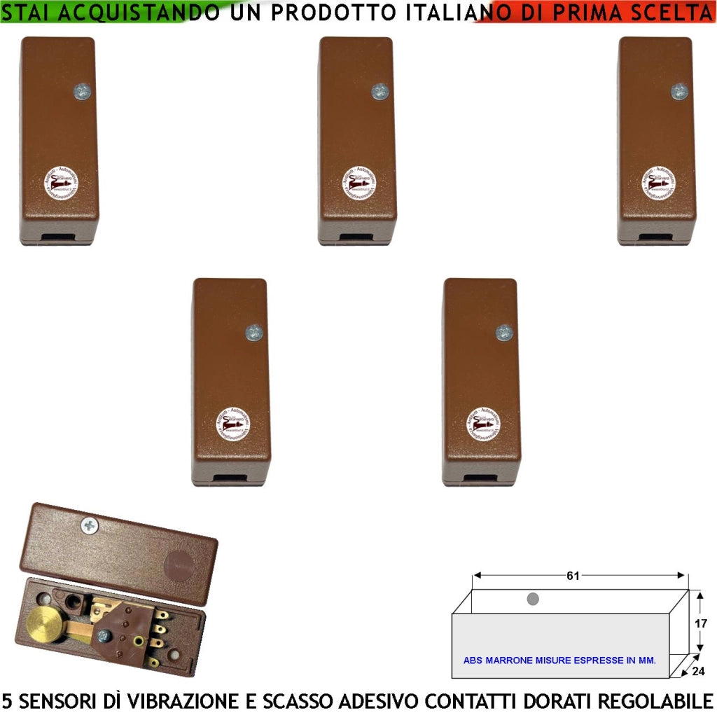 Sensore di Scasso Rileva le Vibrazioni Continue 5 Pezzi Per Antifurto Via Filo Di Inferriate Porte Vetrate Con Martelletto Regolabile Segnale Di Allarme NC Tamper Contenitore Adesivo ABS Marrone IP30