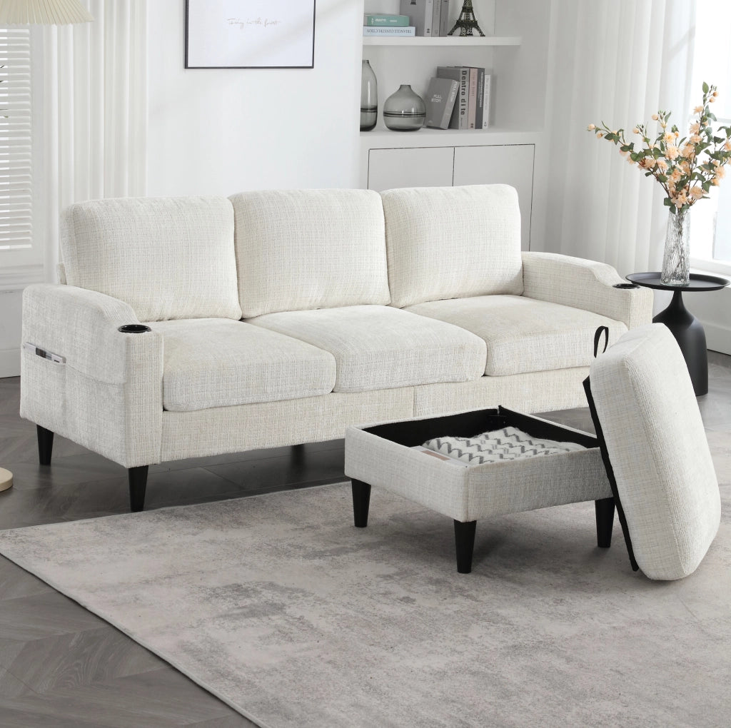 Sofa 4 posti con pouf contenitore in chenille beige; 196;5 x 75 x 77 cm