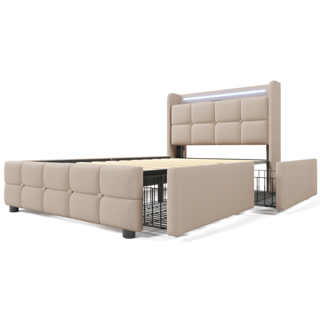 Letto singolo 90x200 cm con USB; LED e 2 cassetti; beige