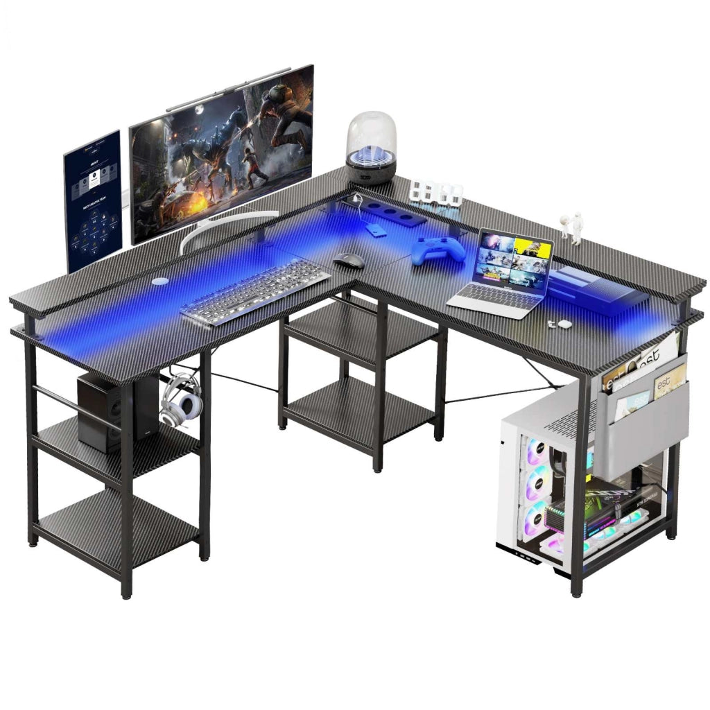 Scrivania per computer, scrivania angolare a L, con presa di corrente, montaggio reversibile, ripiano a due livelli, nero antracite