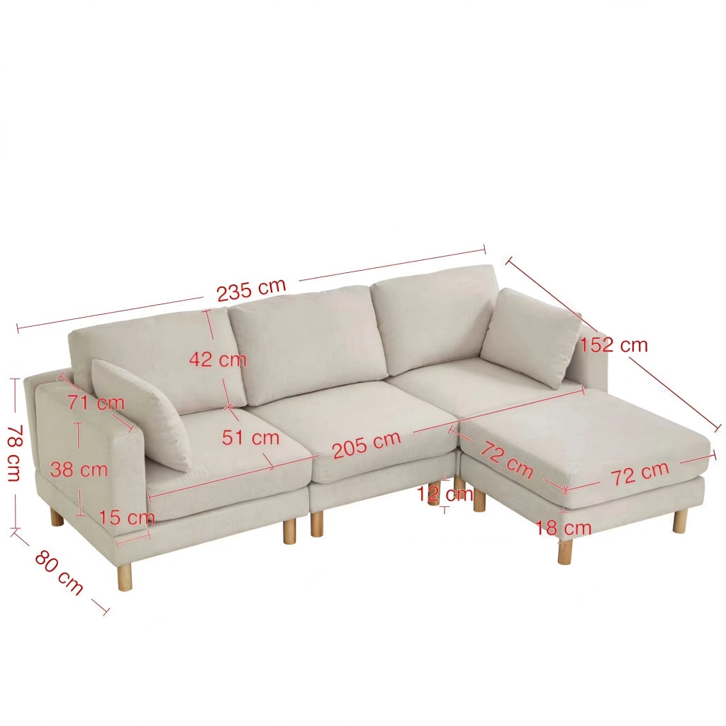 Divano angolare reversibile 3 posti con pouf, seduta modulare e cuscini, in poliestere beige