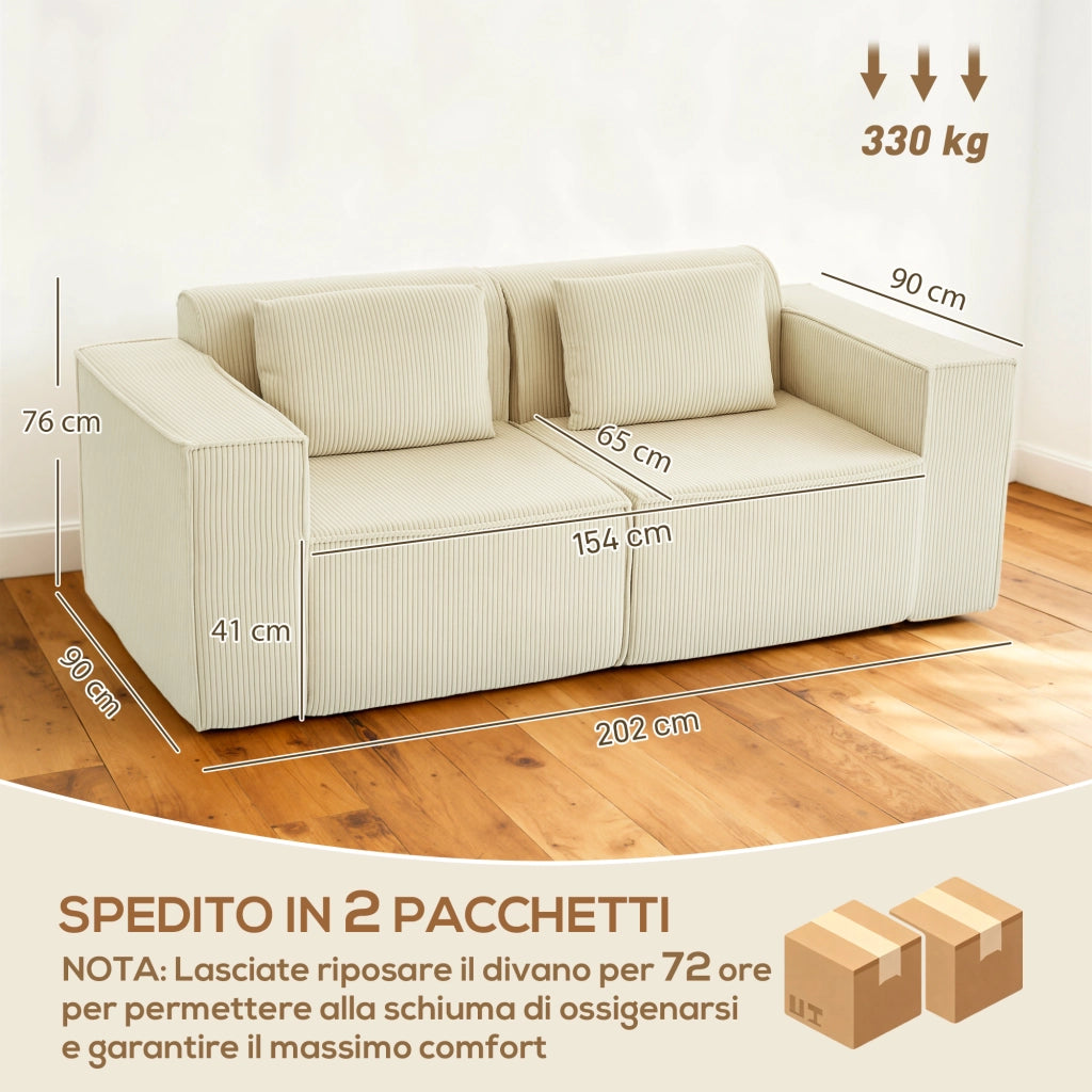 Divano 3 posti modulare con seduta profonda ¨C Xylo ¨C Velluto a coste beige con braccioli larghi e 2 cuscini