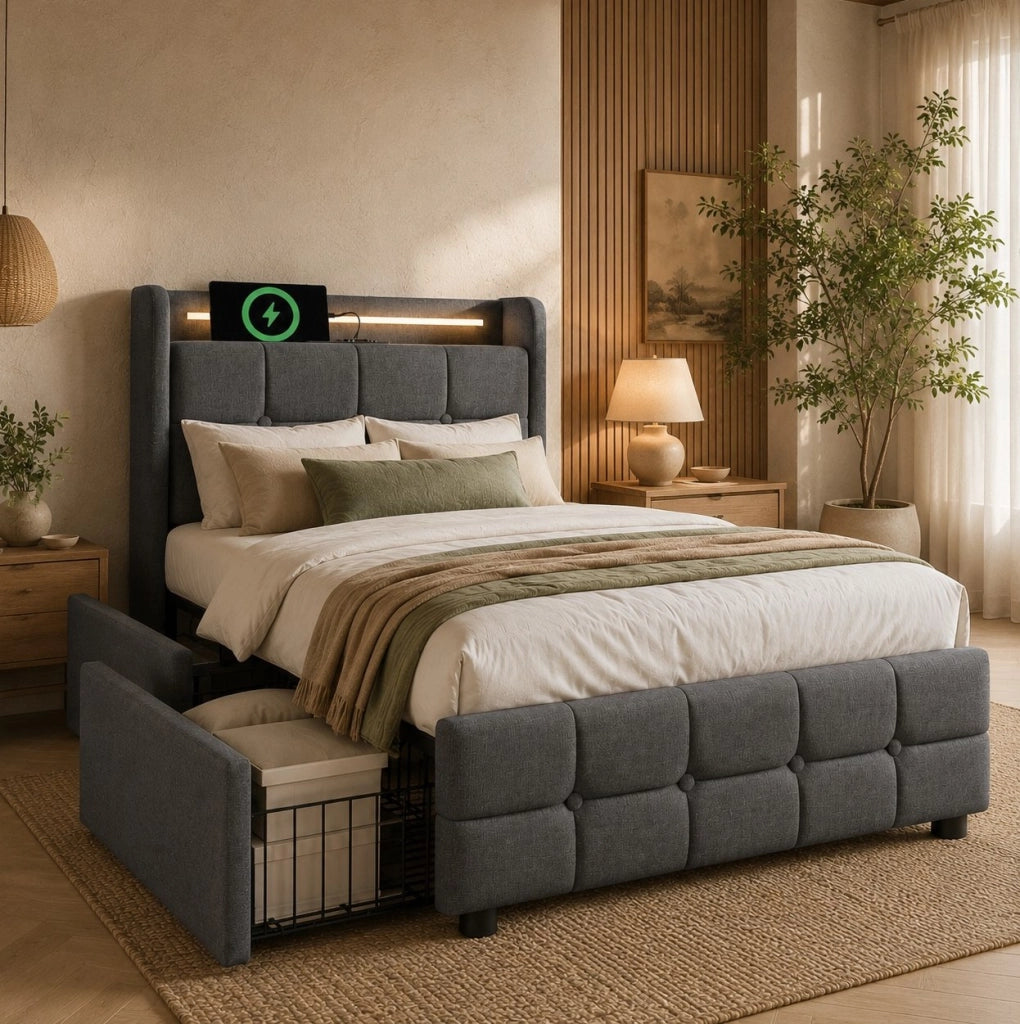 Letto singolo imbottito 90x200 cm con USB, luci LED e 2 cassetti