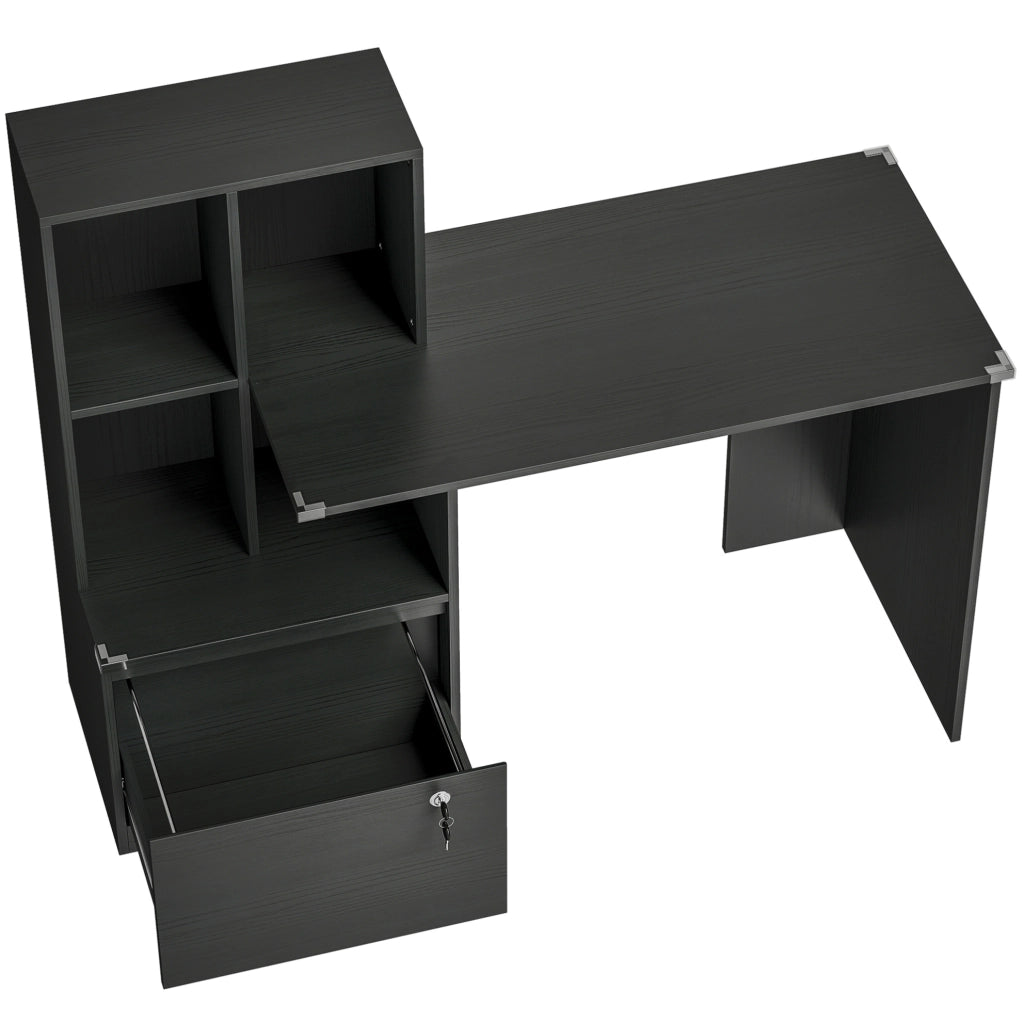 Scrivania per Computer nera con 4 Ripiani, Cassetto Serrabile e Piano da 100x50 cm in Truciolato
