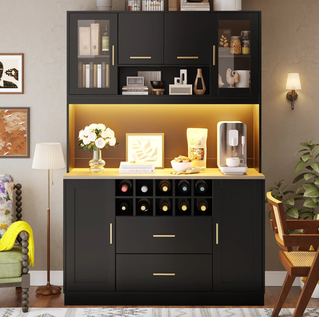 CREDENZA 120x36,3x180 cm nera in MDF e metallo con LED e prese