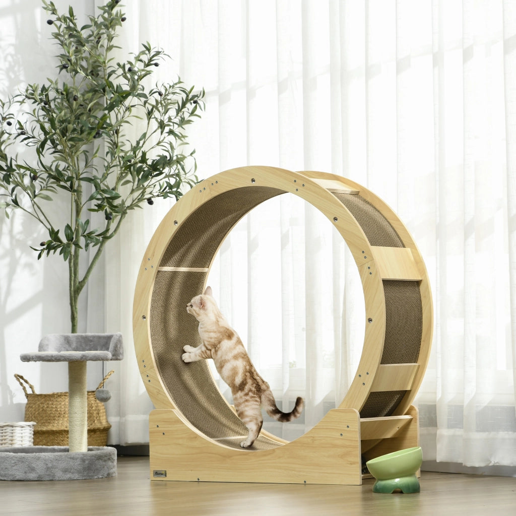 Desviae Ruota per gatti con freno e tappetino tiragraffi in legno color rovere 91 × 33,5 × 94 cm fino a 5 kg