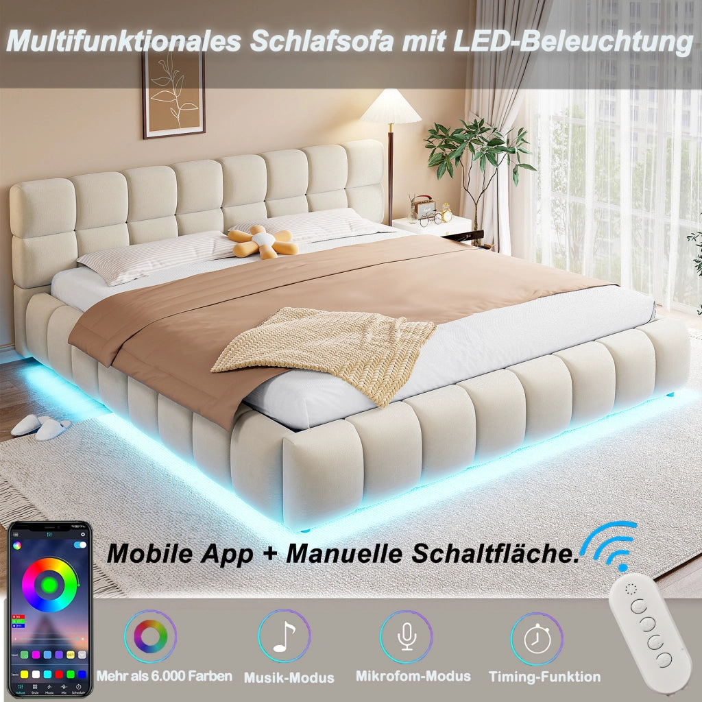 Letto contenitore matrimoniale 200 × 160 cm, illuminazione LED regolabile e testiera imbottita, senza materasso, beige