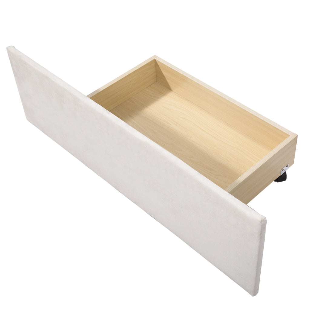 Letto imbottito con 4 cassetti e supporto a doghe; struttura in acciaio; beige