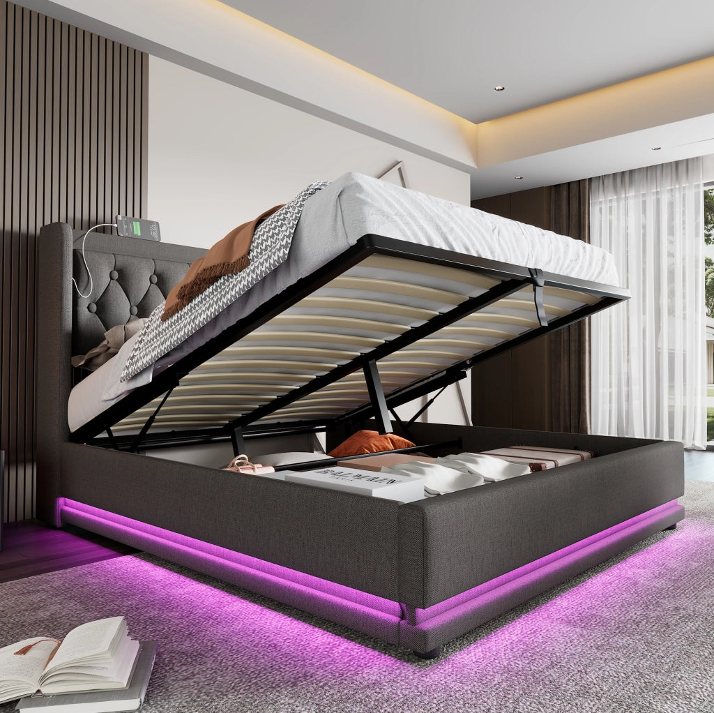Letto matrimoniale contenitore 140 × 200 cm grigio in cotone con LED; USB e Type-C