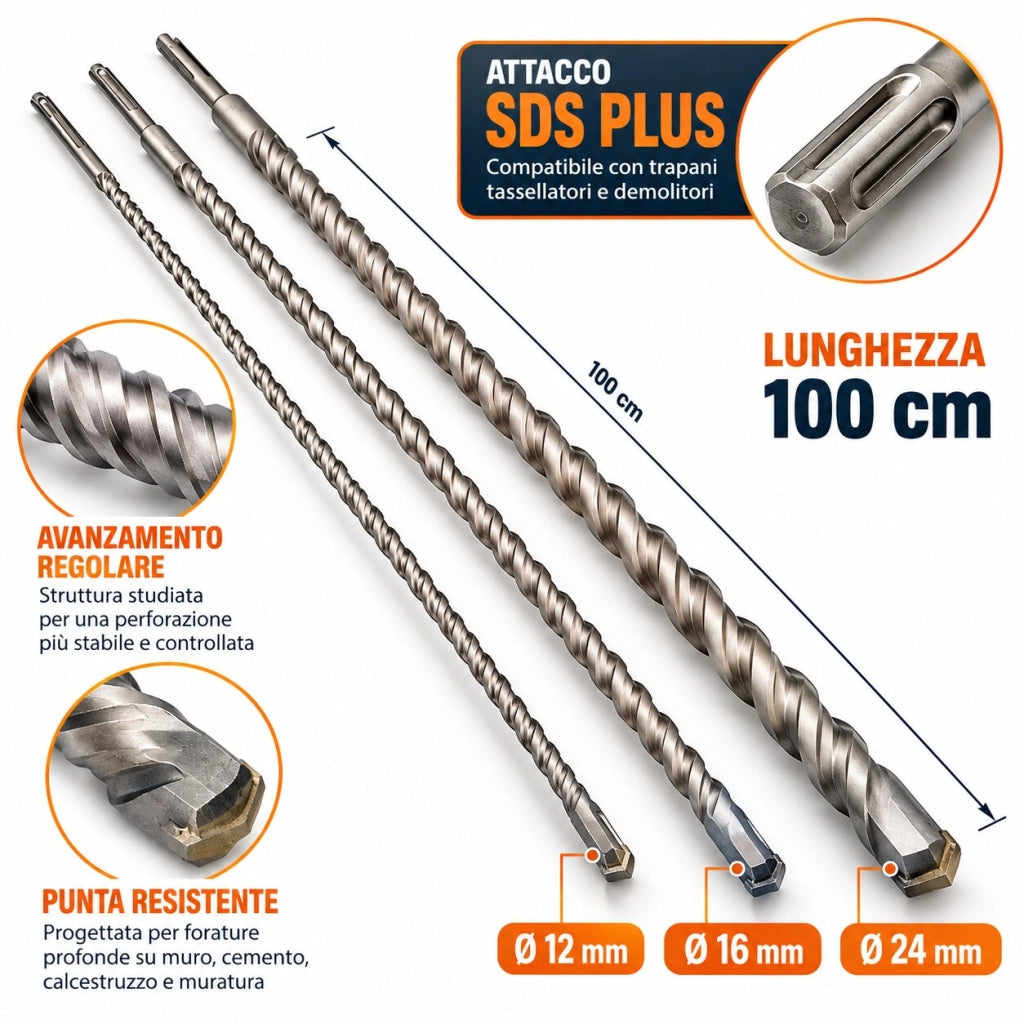 Set 3 Punte SDS Plus 100 cm Ø 12 16 24 mm per Foratura Profonda