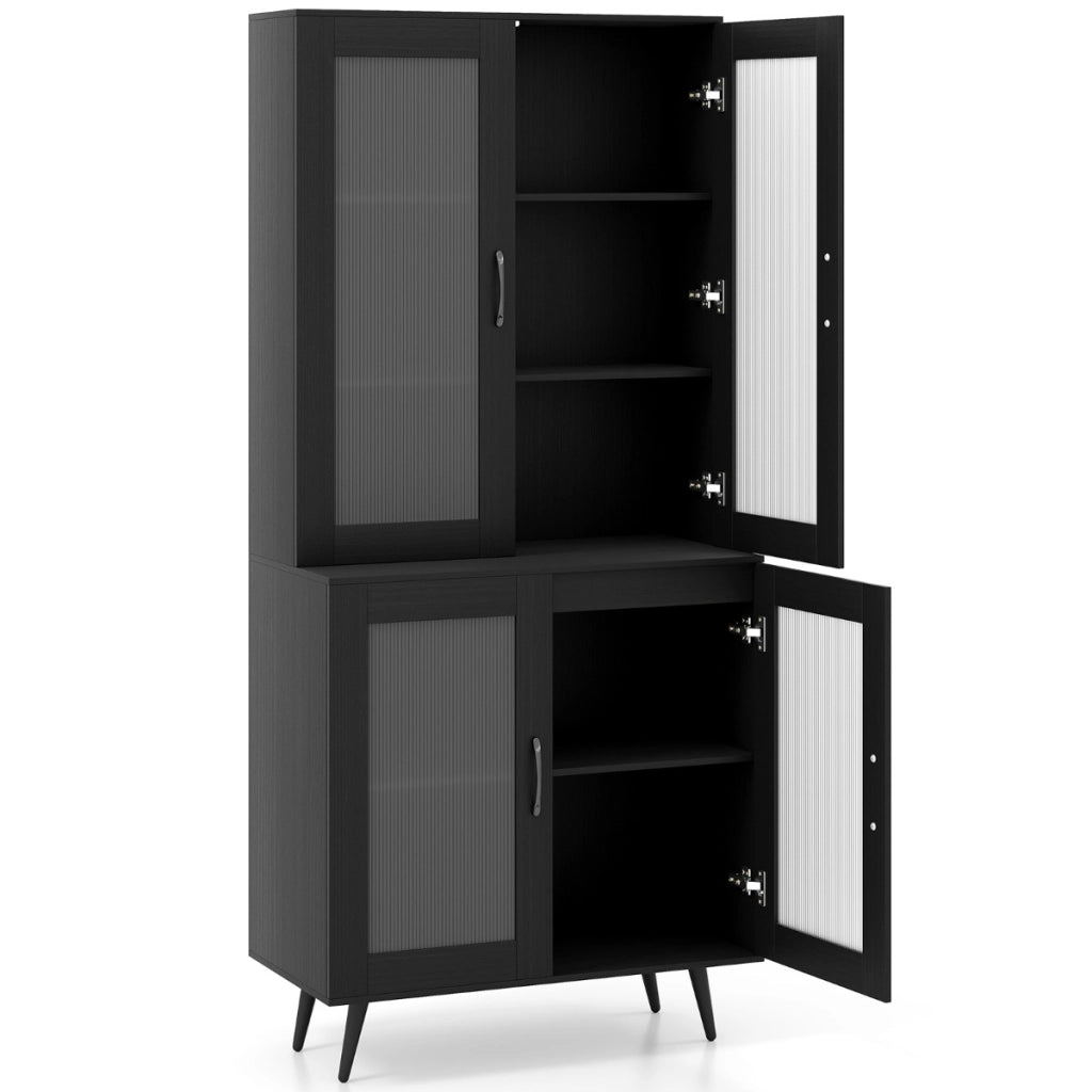 Madia autonoma con gambe in metallo per sala da pranzo soggiorno, Armadio dispensa da cucina 178,5 cm con 4 ante trasparenti Nero-Credenze buffet