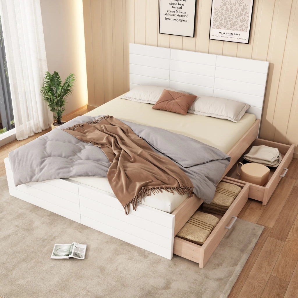 Letto 140 x 200 cm bianco e rovere chiaro con 2 cassetti
