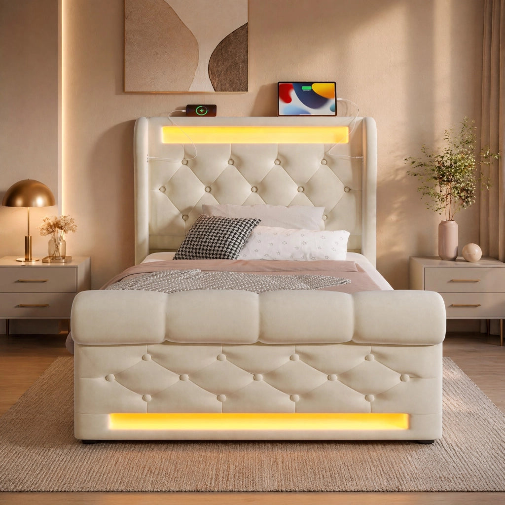 Letto imbottito contenitore 90 × 200 cm con LED; USB e Type-C; velluto beige
