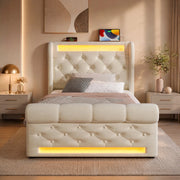 Letto imbottito contenitore 90 × 200 cm con LED; USB e Type-C; velluto beige