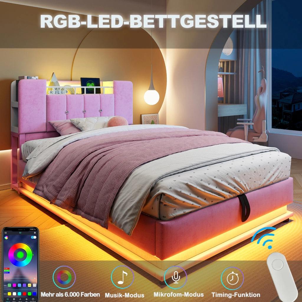 Letto imbottito per bambini 90x200 cm con LED, USB e contenitore idraulico, velluto rosa