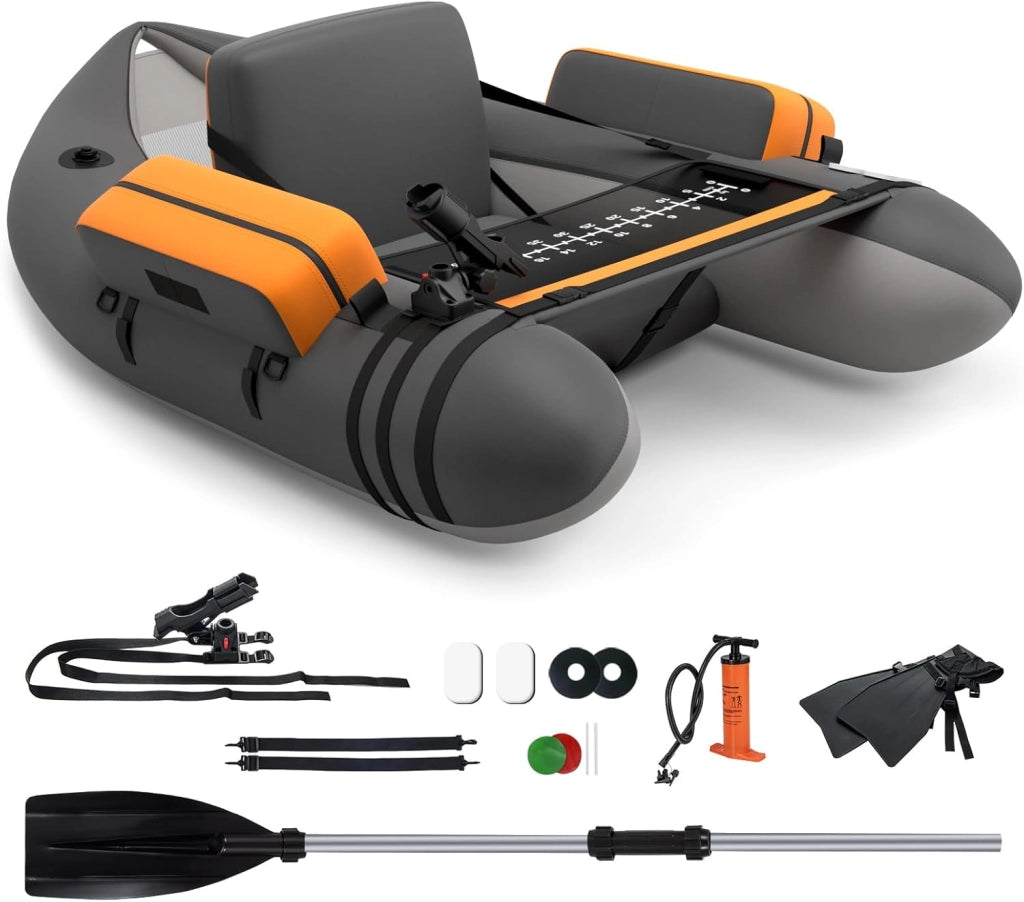 Belly Boat da Pesca Portatile, Gommone Gonfiabile da Pesca con Porta Canne Regolabile, Pompa, Pagaia in Alluminio, Spallacci e Kit di Riparazione, Barca da Mare con 2 Pinne, capacità 160kg