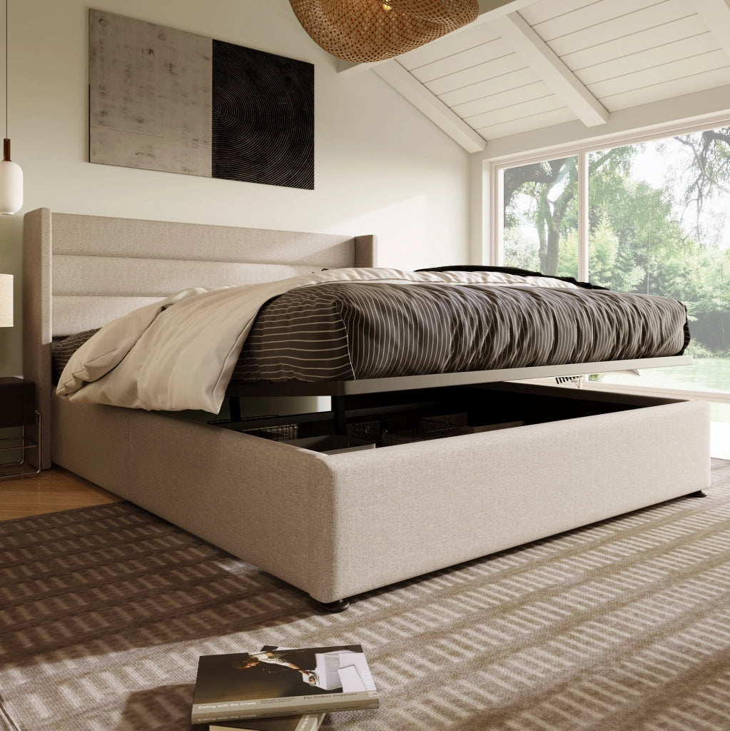 Letto imbottito con contenitore e rete sollevabile 140x200 cm; in lino beige