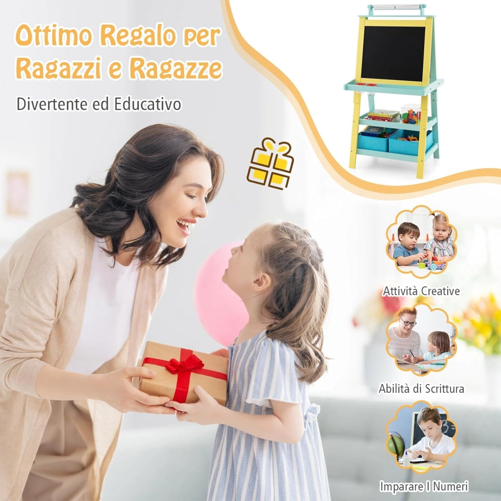 3 in 1 Cavalletto per Bambini con Doppia Faccia, Cavalletto per Disegno con 2 Vassoi e 2 Scatole, Lavagna Bambini in Legno (Verde)