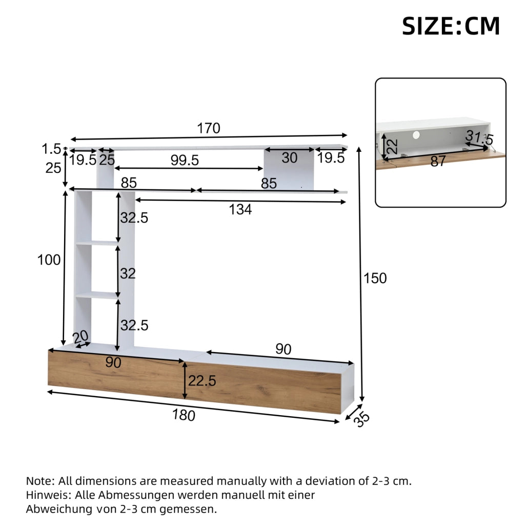 Set mobile TV con 2 ante e vani aperti; 180 cm; bianco e rovere