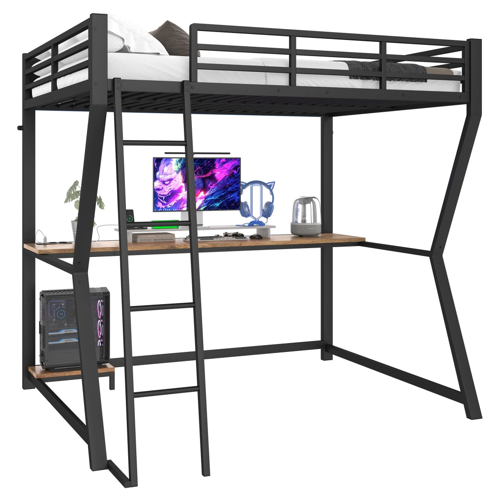 Letto a soppalco 140x200 cm con scrivania, mensola PC e luci ambientali