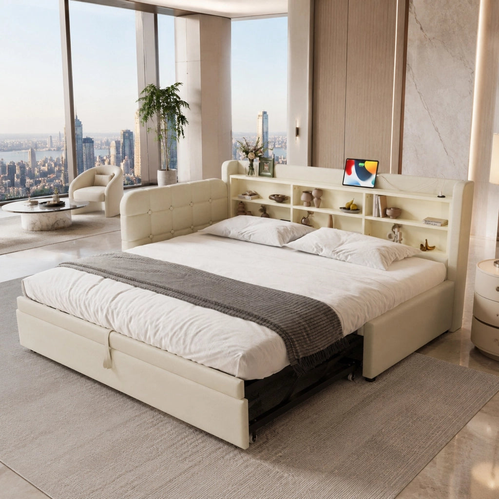 Letto estraibile 90x200 cm con USB/Type-C e ripiani beige
