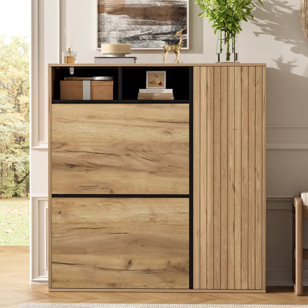 Scarpiera salvaspazio con 2 ante a ribalta e porta laterale 90x24x94 cm; naturale e nero