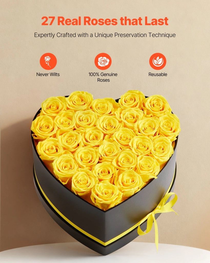 Bouquet di Fiori Eterni con 27 Rose Stabilizzate Heart-27S Scatola a Cuore Giallo per Decorazione Casa