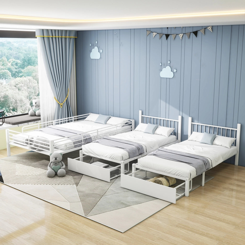 Letto a Castello 140x200 cm; Letto 3 Posti con Cassetti; Divisibile; in Metallo; Bianco