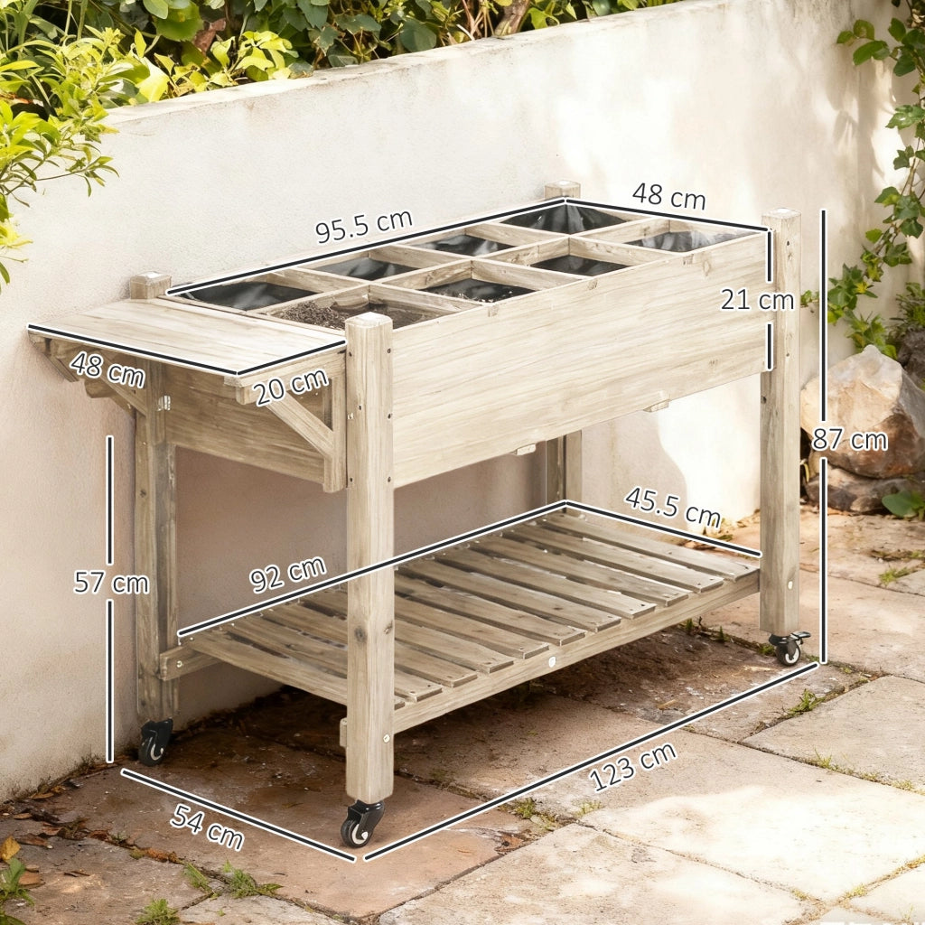 Fioriera Rialzata da Esterno a 8 Sezioni in Legno di Abete con Ripiano Laterale e Mensola Inferiore per Giardino 123x54x87 cm