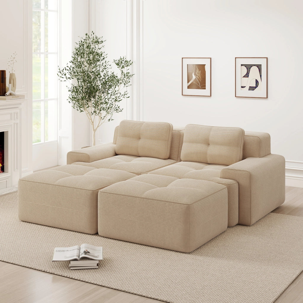 Divano Modulare a U con Ottoman ¨C MINIMAL ¨C Velluto a Coste, Beige, 2 Posti