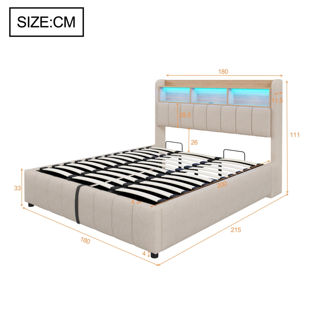 Letto imbottito 180x200 cm con LED; USB e Type-C; contenitore idraulico; beige in lino