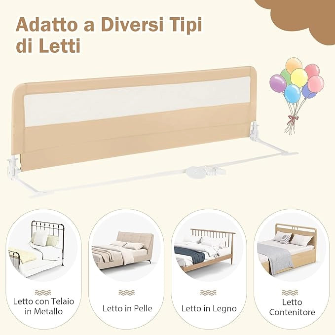 Barriera Letto per Bambini di 180 cm, Sponda di Sicurezza Pieghevole con Copertura Rimovibile, Rete Traspirante, Sbarra da Letto per Letti Singoli e Matrimoniali, 180 x 41 x 55 cm (Beige)