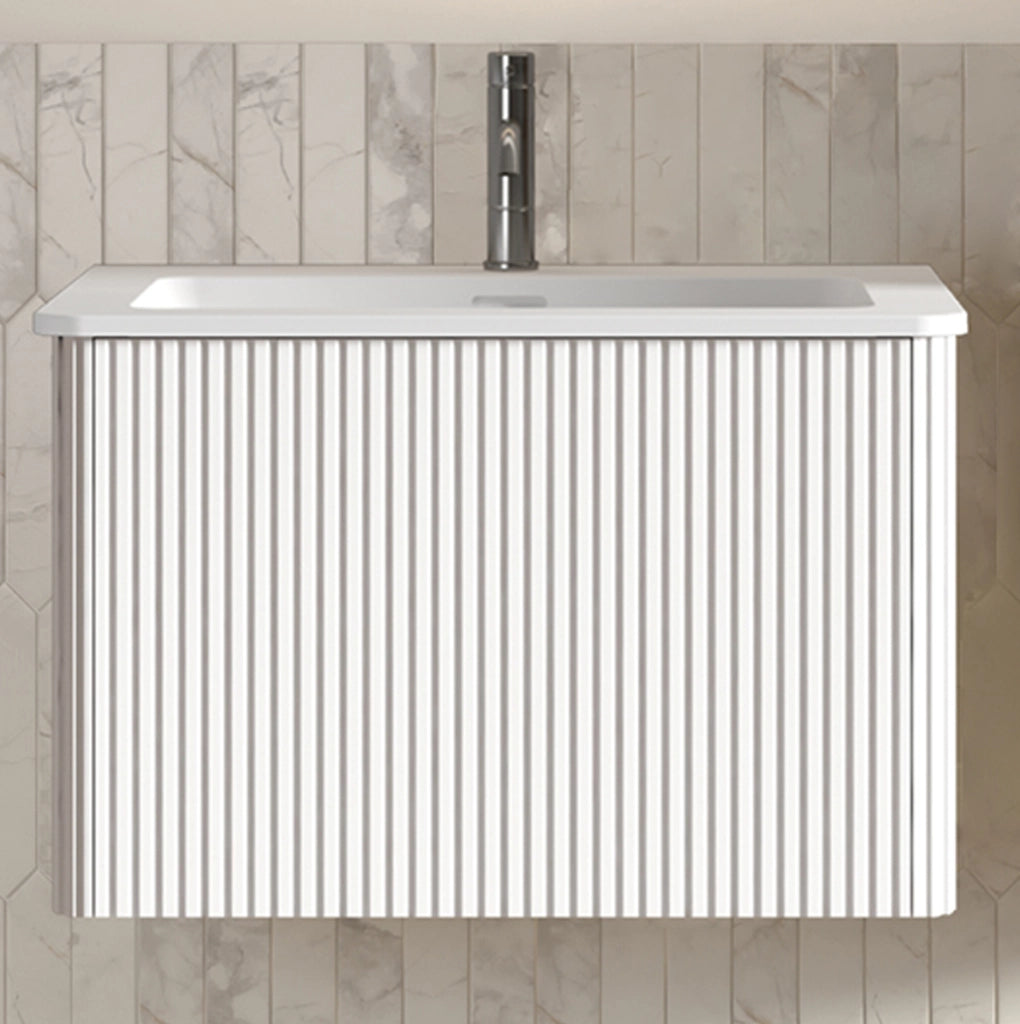 Mobile bagno sospeso bianco 60 cm con lavabo in mineralguss e cassettone con design a righe verticali