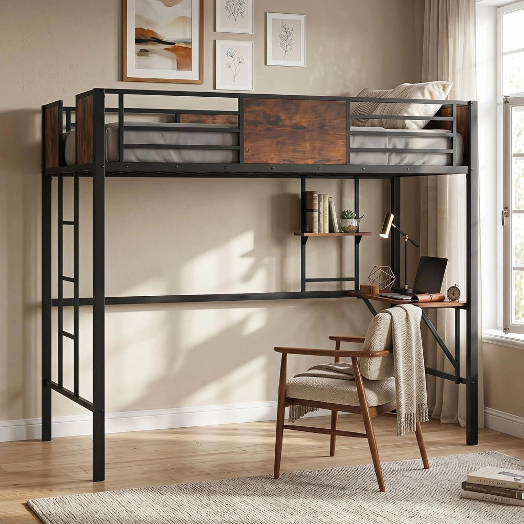 Letto a Soppalco in Metallo, Struttura del Letto 200 x 90 cm | Salvaspazio con Scrivania, Libreria, Sponda Rialzata, Design a Doghe e 3 Scale per Appartamenti e Dormitori