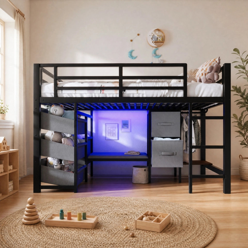 Letto rialzato 90x200 cm in metallo con LED multicolore, cuscino e spazio contenitivo