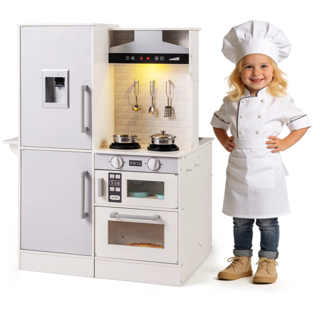 Cucina giocattolo bambini bifacciale legno acqua cappa microonde utensili, Cucina giocattolo luci suoni imitazione bambini 3+ anni Bianco