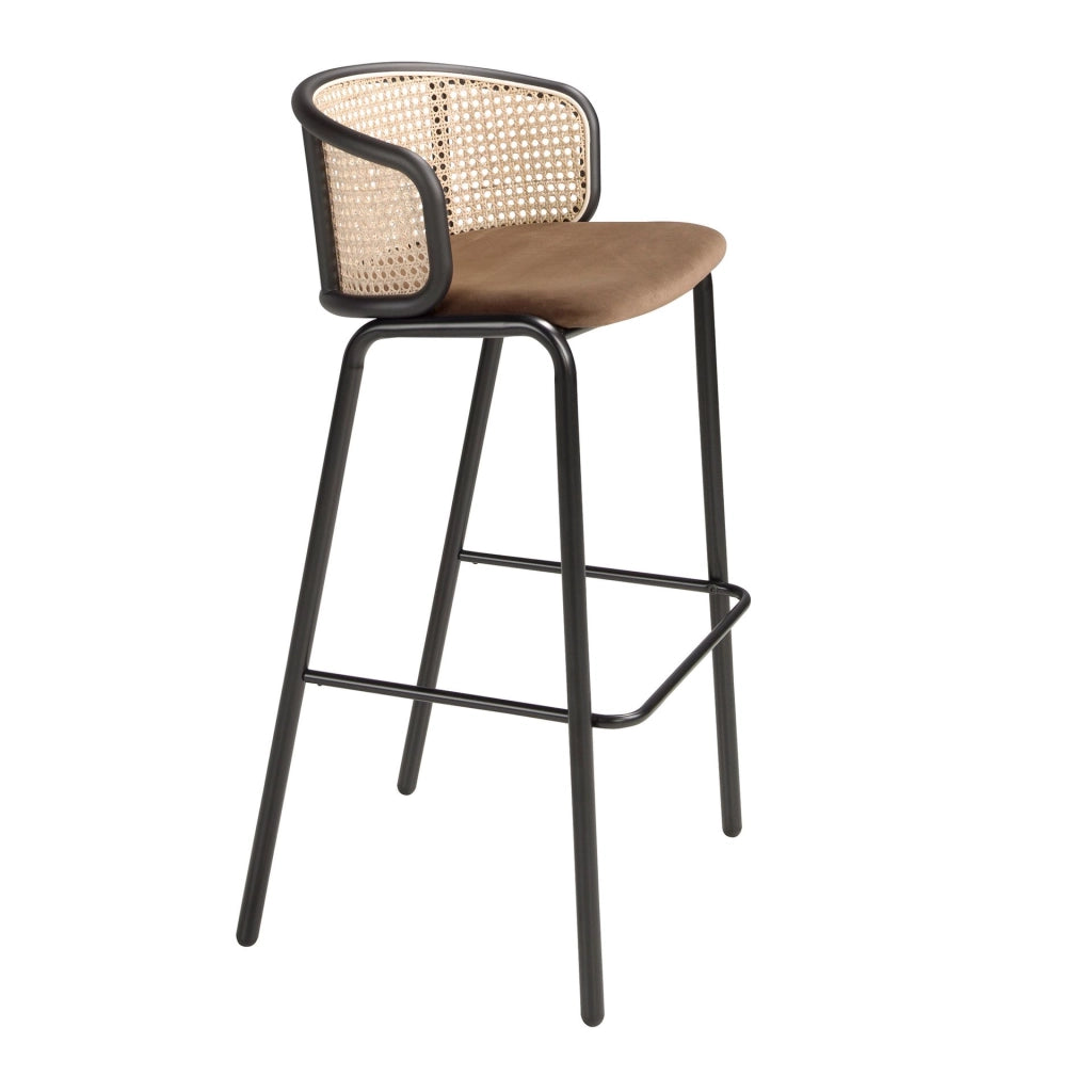 Sgabello in rattan e velluto marrone