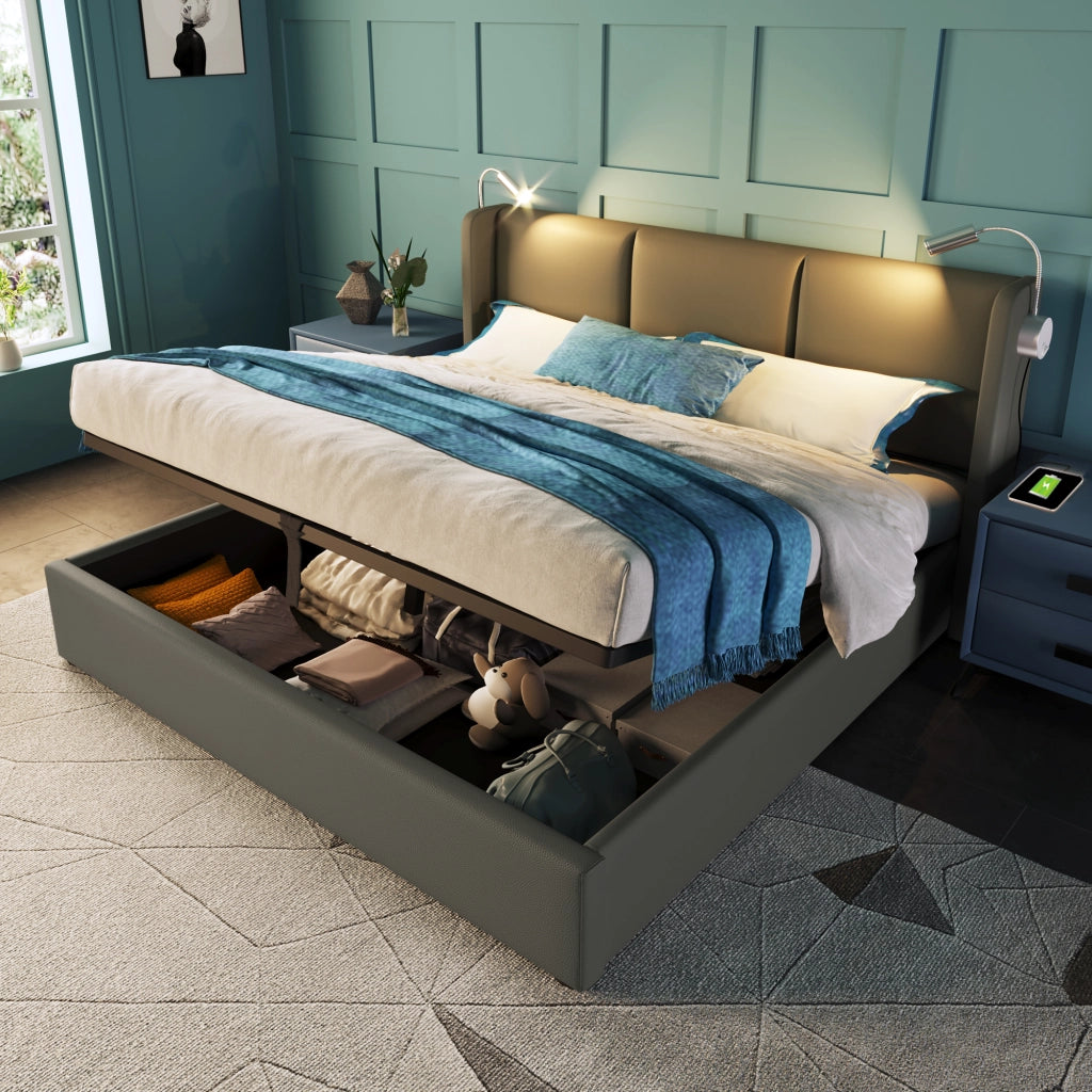 Letto matrimoniale 160x200 con materasso e contenitore grigio