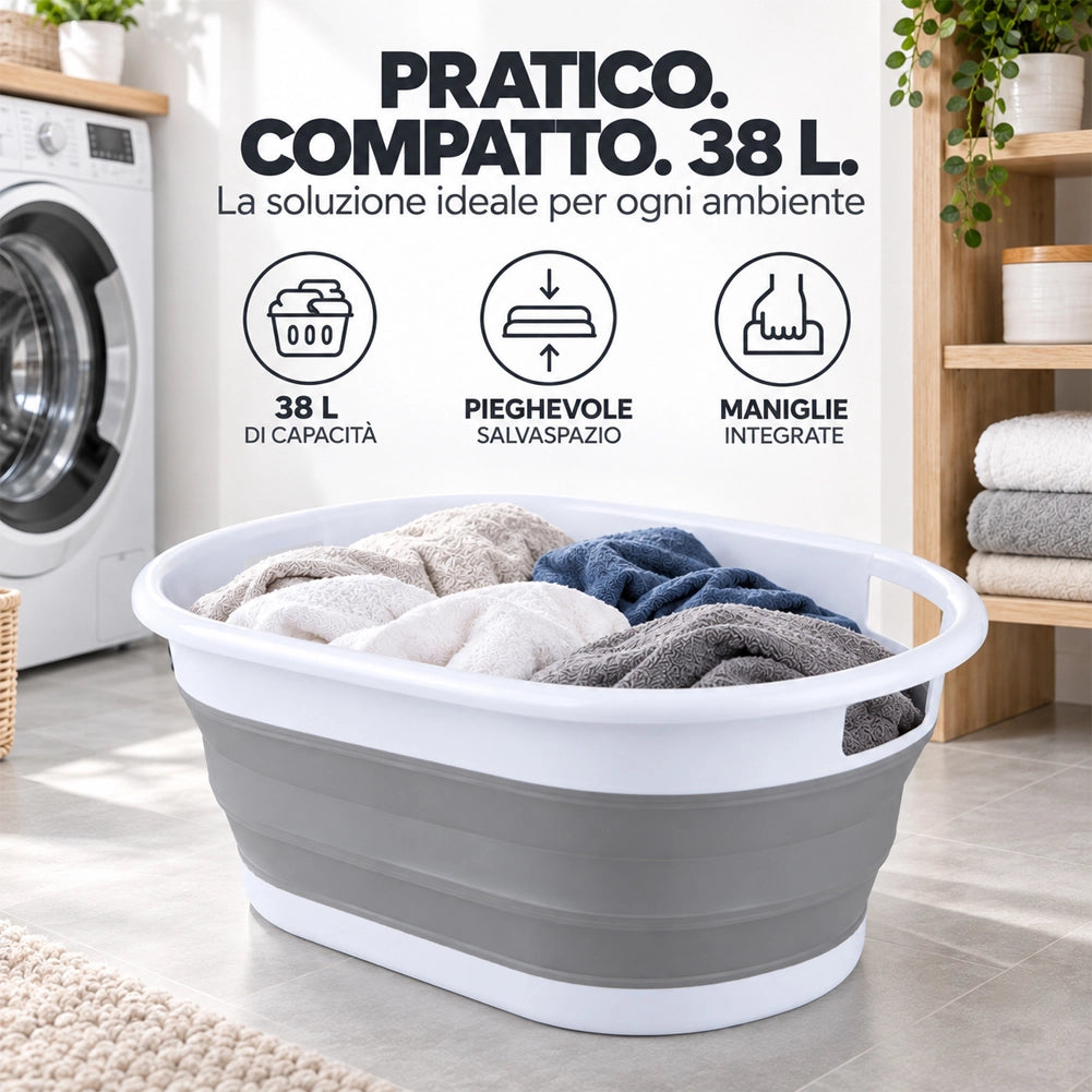 Cesto Portabiancheria Pieghevole in Silicone 38L con Maniglie Porta Biancheria 61.5x44x27cm