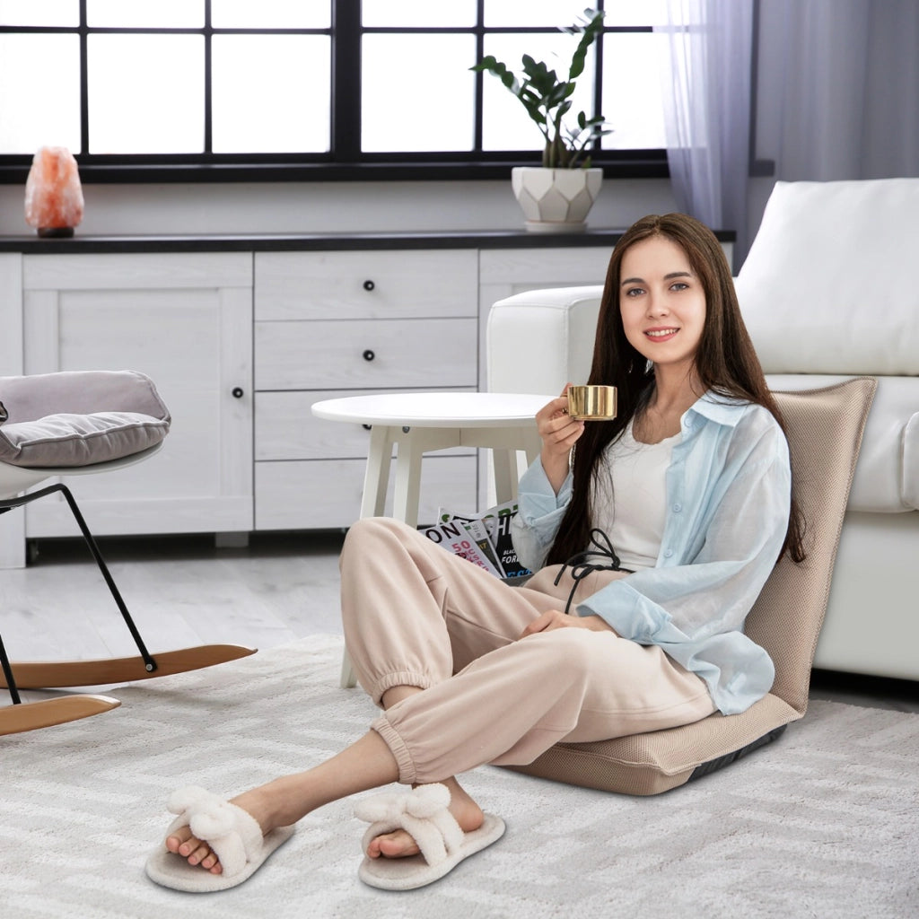 Sedia da terra con supporto schiena, Poltrona reclinabile imbottita struttura di metallo resistente Beige-Divani da terra