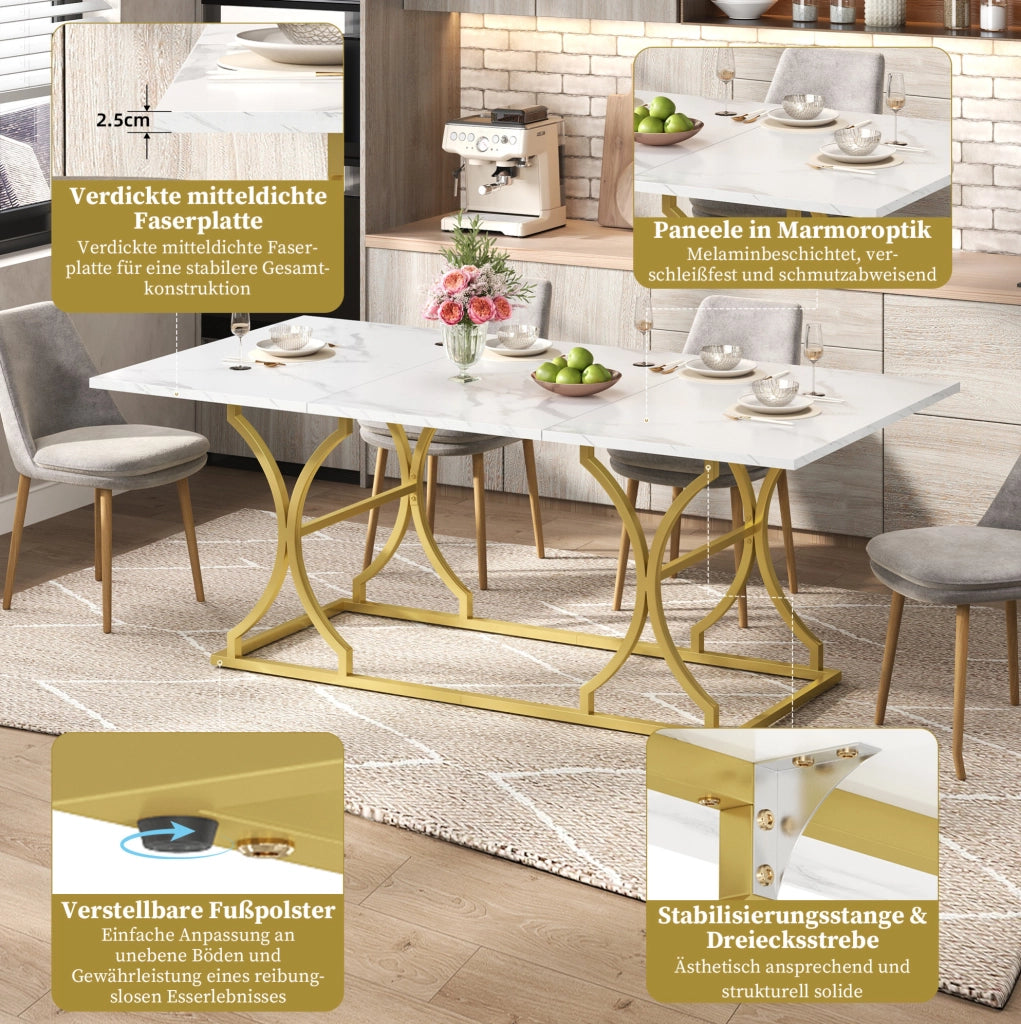 TAVOLO da pranzo 200x80x76 cm effetto marmo bianco e oro