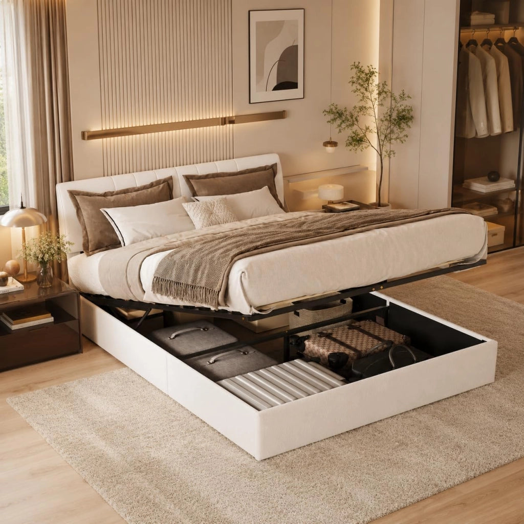 Letto Matrimoniale 160 x 200 cm;Letto Contenitore con contenitore idraulico;Testiera imbottita con USB;Velluto;Beige